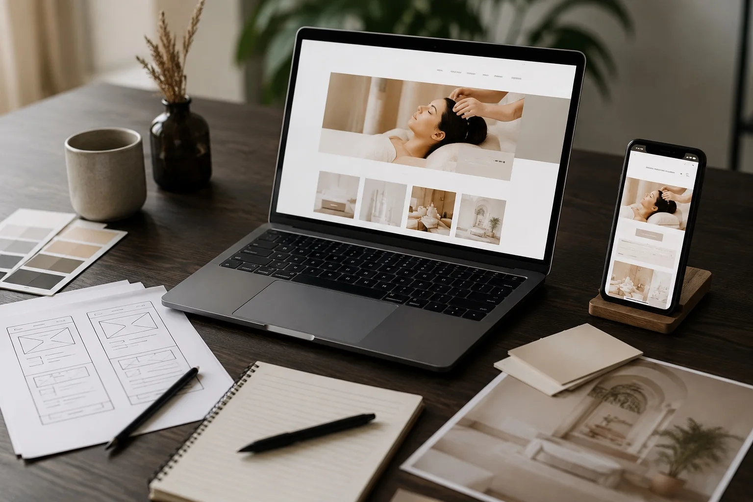 Ноутбук и смартфон с сайтом салона красоты, адаптивный интерфейс 7Art