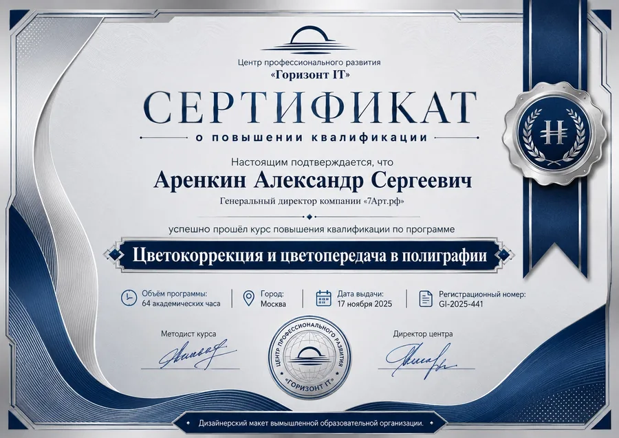 Сертификат по цветокоррекции и цветопередаче в полиграфии 7Арт