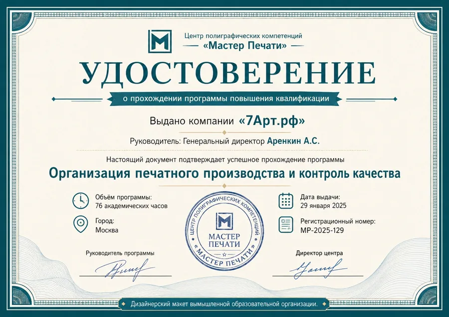 Удостоверение по организации печатного производства и контролю качества 7Арт